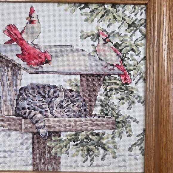 Finished Cross Stitch Cat Cardinal Art 14" Frame Needle Treasures Caught Napping - Picture 5 of 9